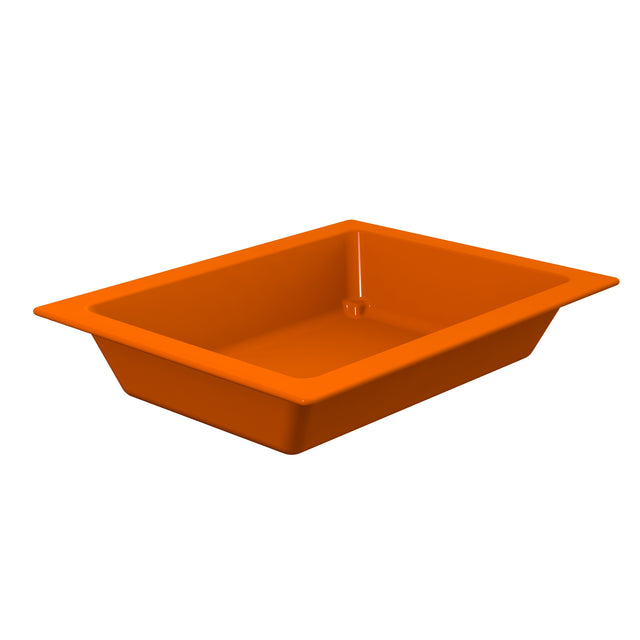 A rectangular, orange plastic tray from the Aurora Collection Food Pan line with flared sides and a wide rim, positioned on a white background. The tray is empty and angled to show its depth, glossy surface, and dishwasher safe design.