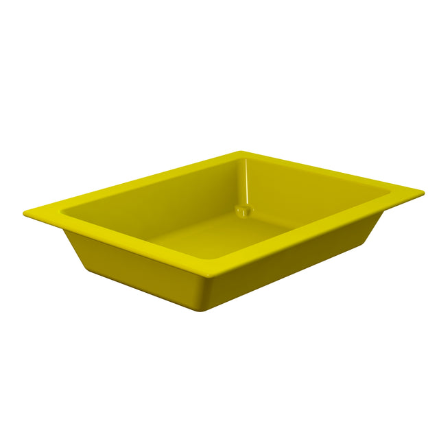 A bright yellow rectangular Aurora Collection Food Pan with slightly slanted sides and a wide rim, shown on a white background. The tray is empty, clean, and sturdy—ideal as a cold holding food pan for serving or storing items.