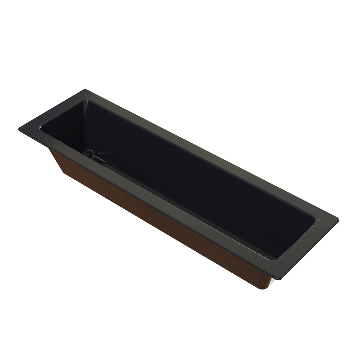 A rectangular, deep, black Duracoat coated cast aluminum container with straight sides and a wide rim. This Aurora Collection Food Pan is empty, shown at an angle on a white background, and features a drainage hole with a small metal strainer at one end.