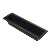 A rectangular, deep, black Duracoat coated cast aluminum container with straight sides and a wide rim. This Aurora Collection Food Pan is empty, shown at an angle on a white background, and features a drainage hole with a small metal strainer at one end.