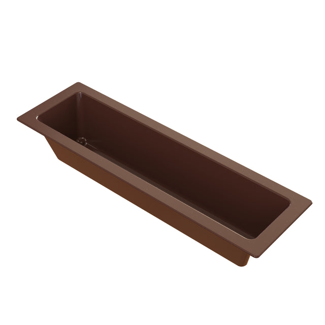 A rectangular, deep brown plastic planter box with straight sides and a wide rim. Smooth and simple like an Aurora Collection Food Pan, the empty planter is angled to show both its interior and exterior surfaces.