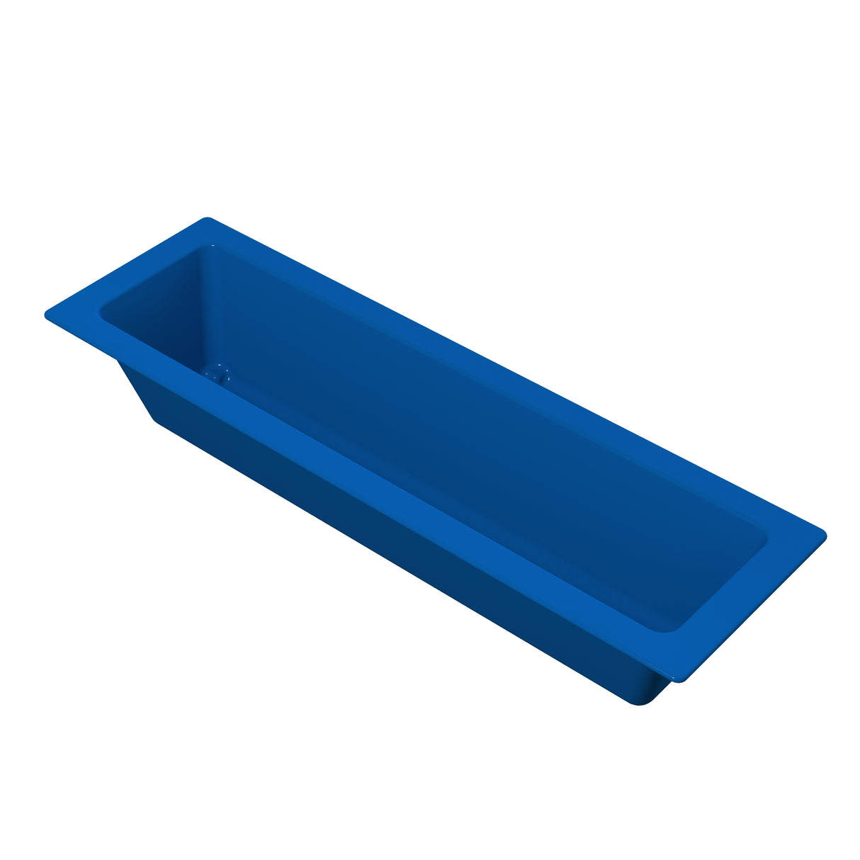 A rectangular, deep blue Aurora Collection Food Pan with straight sides and a wide rim around the top edge, viewed from an angle above. This cold holding food pan appears empty and is set against a white background.