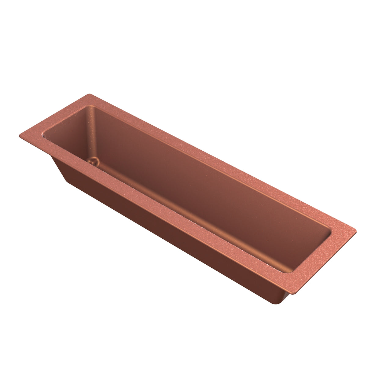A copper-colored rectangular Aurora Collection Food Pan with angled sides, a flat rim, and a smooth, non-stick interior, viewed from a high angle against a white background.