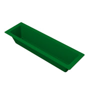 A rectangular, deep green plastic food pan with flared sides and a wide rim is shown empty on a white background. Viewed from overhead, the cold holding bin highlights its depth and smooth surface.