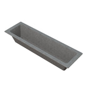 A rectangular, gray, concrete trough sink with straight sides and a flat rim recalls the sleek look of a Duracoat coated cast aluminum cold holding food pan. Pictured on a white background, its deep, elongated basin is viewed at an angle from above.