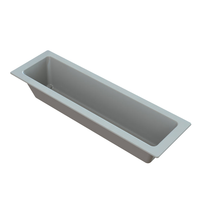 A rectangular, gray, deep metal tray from the Aurora Collection Food Pan line, crafted from Duracoat coated cast aluminum with slightly angled sides and a wide flat rim, photographed on a white background.