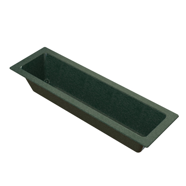 A rectangular, deep green Duracoat coated cast aluminum trough sink with straight sides and a flat rim, shown from an angled top view. The surface has a slightly speckled texture, and there is a small circular drain hole visible near one end.