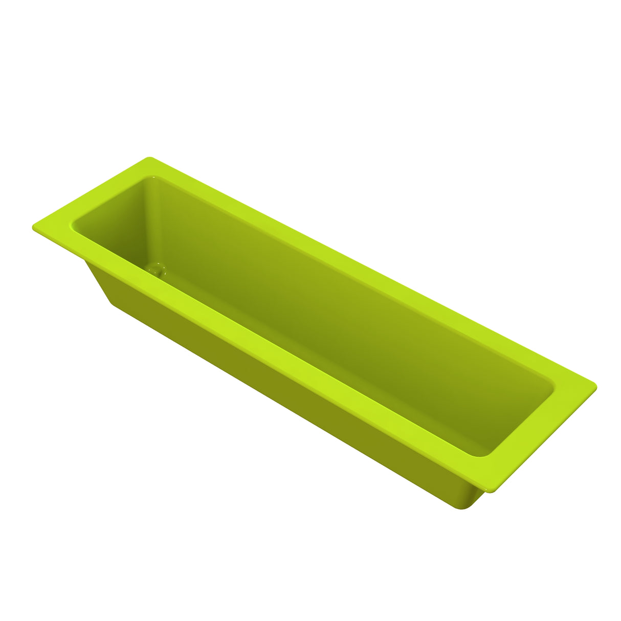 A rectangular, bright green Aurora Collection Food Pan with straight, smooth sides and a wide rim. The pan is empty and viewed from an angled top perspective, showcasing its spacious interior and vibrant color.