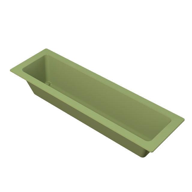 A rectangular, olive green planter box with a wide rim and smooth edges, viewed from an angle against a white background. Inspired by the Aurora Collection Food Pan, it is made of plastic and designed for planting flowers or herbs.