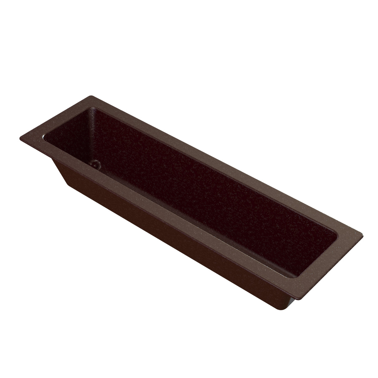 A rectangular, deep brown Aurora Collection Food Pan with straight sides and rounded inner corners. Made from Duracoat cast aluminum, it features a wide rim with a slight lip and a textured interior surface, photographed against a white background.
