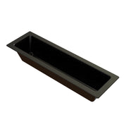 A rectangular, black, deep tray with slightly slanted sides and a smooth, glossy Duracoat coated cast aluminum surface. The tray features a flat rim and a small drain hole on one side, ideal for use as a cold holding food pan in countertops.