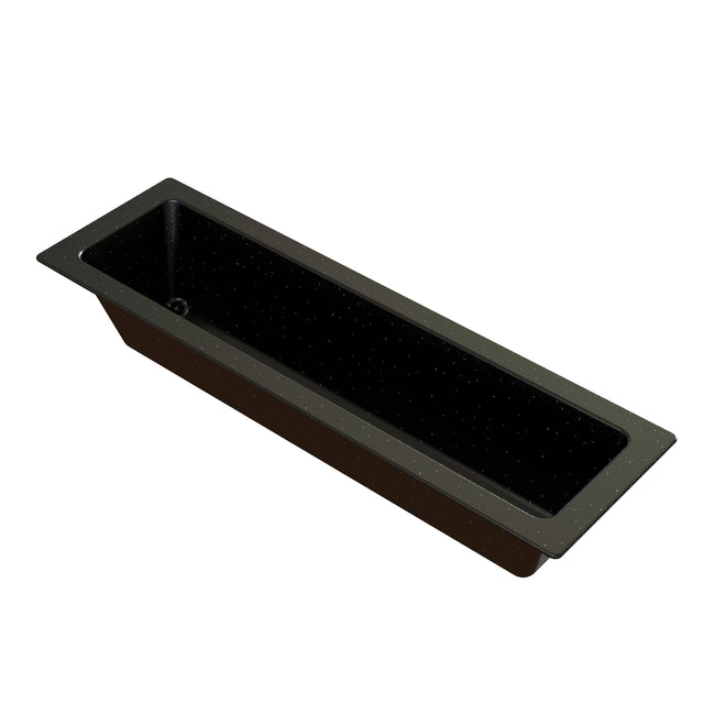 A rectangular, black, deep tray with slightly slanted sides and a smooth, glossy Duracoat coated cast aluminum surface. The tray features a flat rim and a small drain hole on one side, ideal for use as a cold holding food pan in countertops.