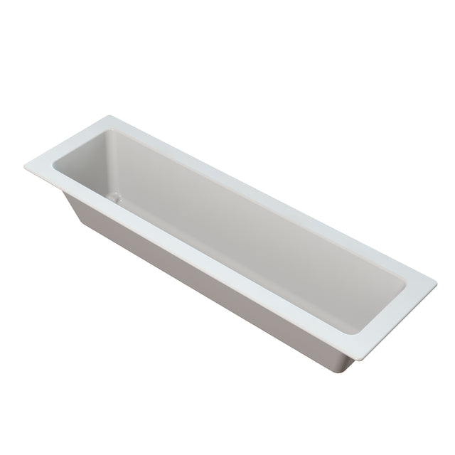 Rectangular, white bathtub with a flat rim and smooth, deep interior. Its glossy, unadorned surface and modern lines echo the sleek design of a Duracoat coated cast aluminum cold holding food pan.