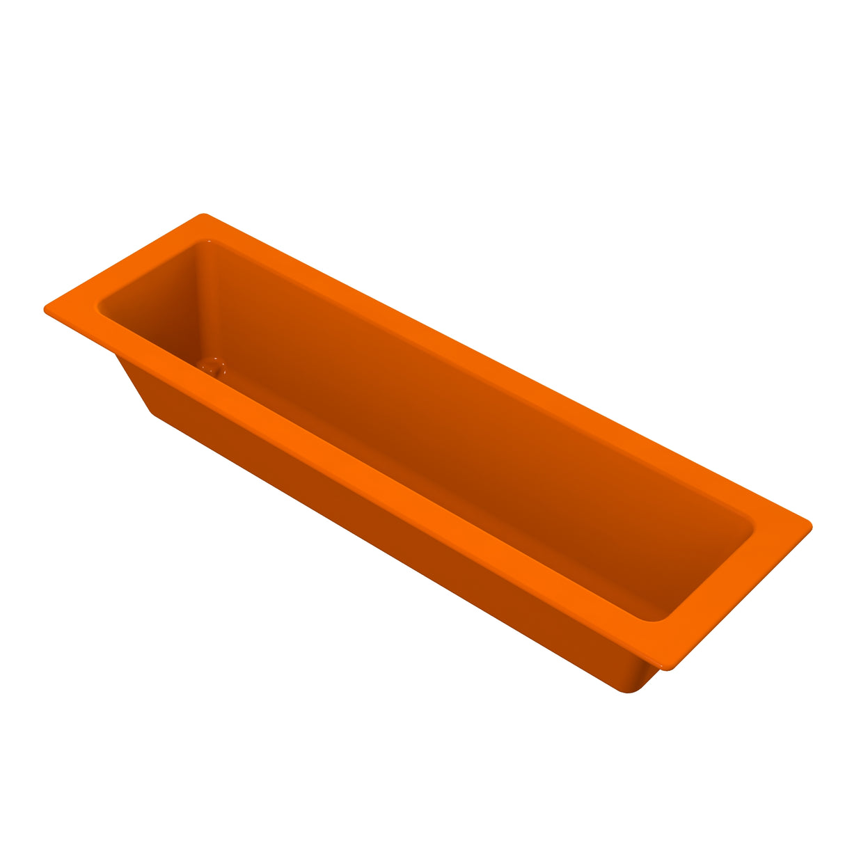 A rectangular, bright orange silicone Aurora Collection Food Pan with straight sides and a wide rim, photographed on a white background. The pan is deep and elongated, perfect for baking breads or cakes.