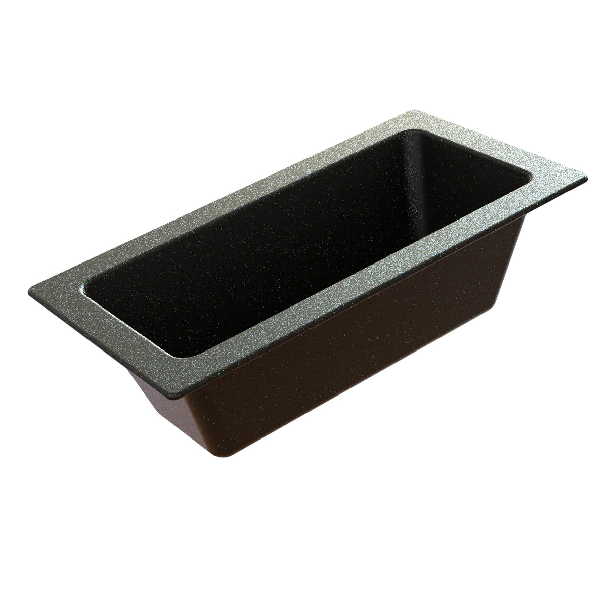 A rectangular black Aurora Collection Food Pan with slightly angled sides, a wide flat rim, and a speckled, non-stick interior surface made from Duracoat coated cast aluminum is shown empty on a white background from an elevated angle.