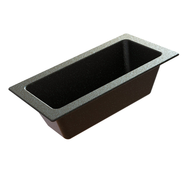 A rectangular black Aurora Collection Food Pan with slightly angled sides, a wide flat rim, and a speckled, non-stick interior surface made from Duracoat coated cast aluminum is shown empty on a white background from an elevated angle.