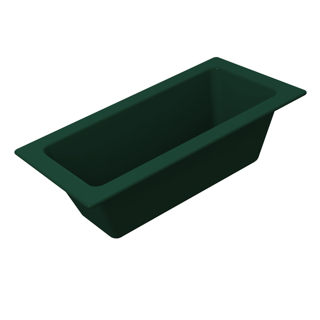 A dark green, rectangular cast aluminum loaf pan with slightly angled sides and a wide rim, shown on a white background. The pan’s smooth interior and exterior suggest it’s ideal for baking or use as a food pan for cold holding.