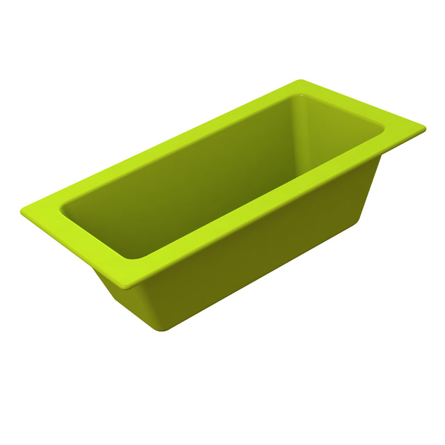 A bright green rectangular Aurora Collection Food Pan with straight sides and slightly flared edges, viewed from above at an angle on a white background. The container appears empty and is likely used for storage or baking.