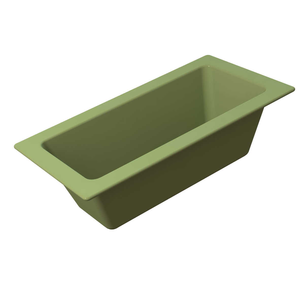 A rectangular, olive green bathtub with tapered sides and a wide rim, shown from a high angle against a plain white background. Its smooth, Duracoat coated cast aluminum surface evokes the sleek look of the Aurora Collection Food Pan.
