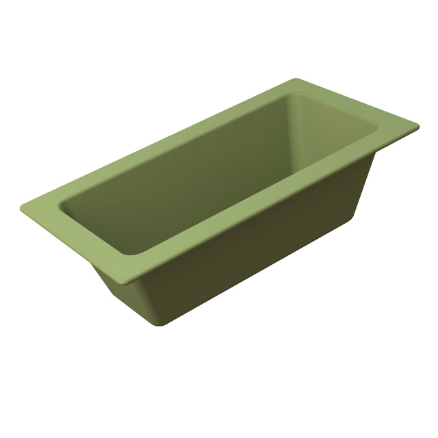 A rectangular, olive green bathtub with tapered sides and a wide rim, shown from a high angle against a plain white background. Its smooth, Duracoat coated cast aluminum surface evokes the sleek look of the Aurora Collection Food Pan.