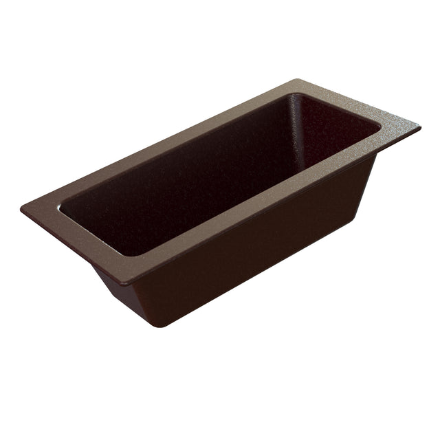 A dark brown, rectangular Duracoat coated cast aluminum loaf pan with slanted sides and a wide rim, shown on a white background. The nonstick Aurora Collection Food Pan is empty and angled to showcase its depth and interior.