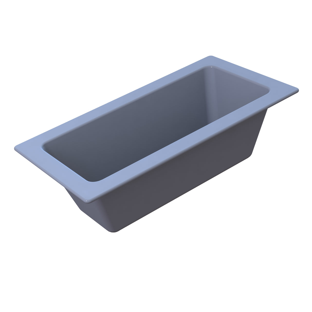A rectangular, gray bathtub with straight sides and a wide rim is shown on a white background. Reminiscent of a cast aluminum food pan, the tub features a smooth, modern design viewed from an elevated angle to display its interior shape.