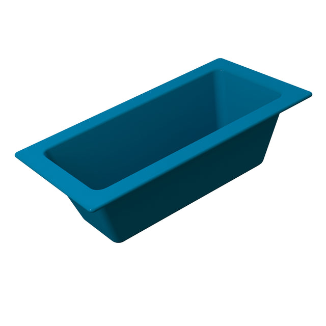 A rectangular, deep blue bathtub with sloped inner sides and a wide flat rim, inspired by the Aurora Collection Food Pan. The tub is empty and set against a plain white background, viewed from an angled, top-down perspective.