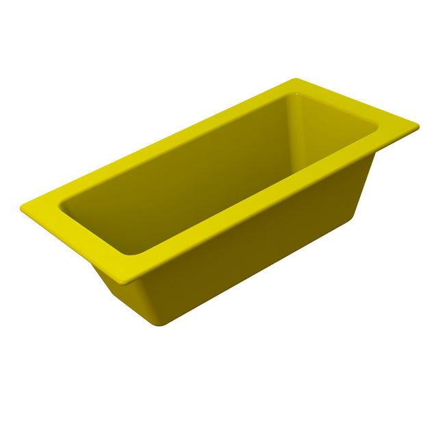 A rectangular, yellow Aurora Collection Food Pan with slightly angled sides and a wide rim, made from Duracoat coated cast aluminum. Photographed overhead against a white background, the cold holding food pan is empty, showcasing its spacious interior.
