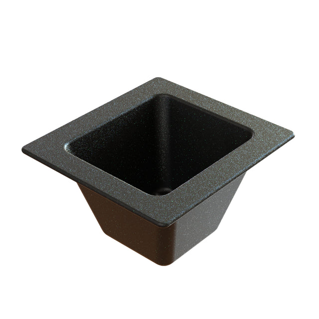 A black, square-shaped sixth size food pan made from plastic with a slightly textured, speckled surface. The pan has a wide rim and tapers inward toward the base, commonly used for food storage or serving in commercial kitchens.
