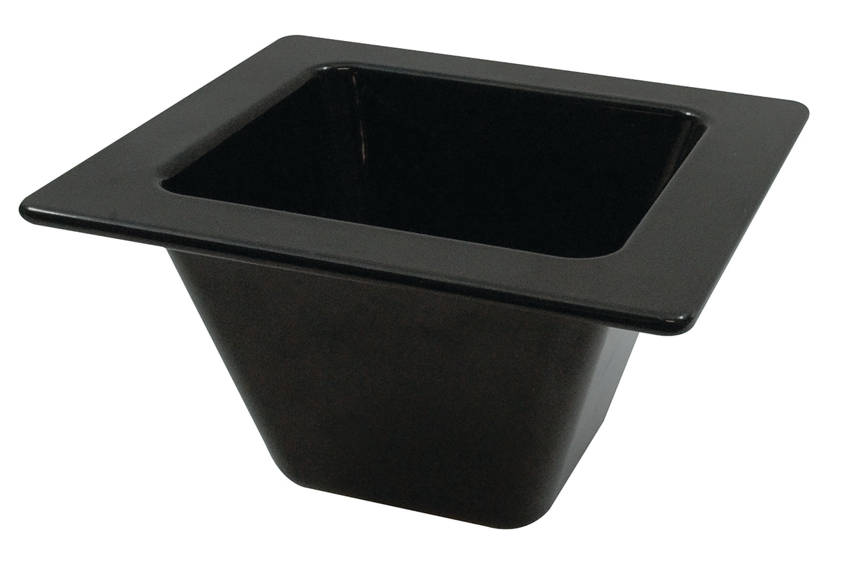 A black, square-shaped plastic bin from the Aurora Collection Food Pan series, featuring a wide, flat rim and tapered sides. The top opening is larger than the base, and the plain interior is empty with no visible markings or designs.