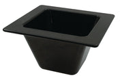 A black, square-shaped plastic bin from the Aurora Collection Food Pan series, featuring a wide, flat rim and tapered sides. The top opening is larger than the base, and the plain interior is empty with no visible markings or designs.