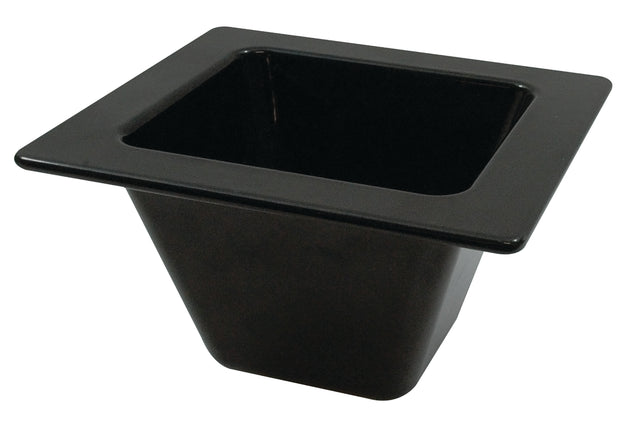 A black, square-shaped plastic bin from the Aurora Collection Food Pan series, featuring a wide, flat rim and tapered sides. The top opening is larger than the base, and the plain interior is empty with no visible markings or designs.