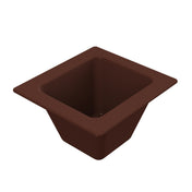A deep, square, brown plastic insert tray with a wide rim and tapered sides, viewed from above. This cold holding food pan is designed to fit into a larger holder, perfect for organizing or serving food items.