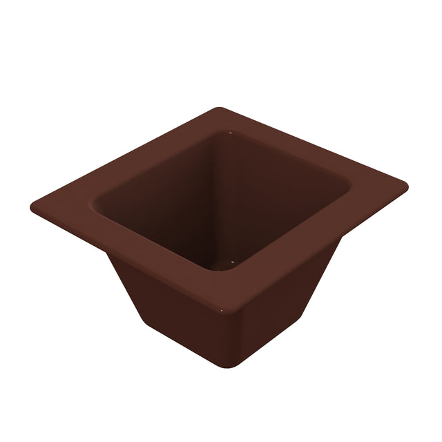A deep, square, brown plastic insert tray with a wide rim and tapered sides, viewed from above. This cold holding food pan is designed to fit into a larger holder, perfect for organizing or serving food items.