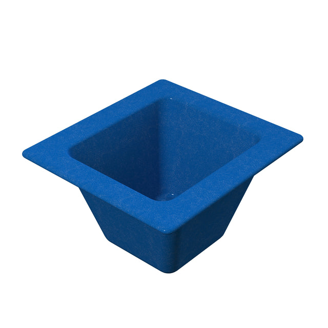 A blue, square-shaped Aurora Collection Food Pan with a wide, flared rim and tapered sides creates a deep, open interior. The textured surface of this cold holding food pan stands out, empty and isolated on a white background.