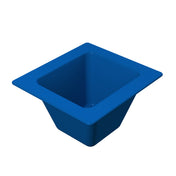 A cobalt blue, square-shaped plastic container with slanted sides and a wide, flat rim. The container tapers downward, creating a trapezoidal profile, and is empty. The surface is smooth and glossy. Part of the Aurora Collection Food Pan series.