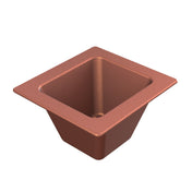 A 3D-rendered image of a metallic, square-shaped container with a wide rim and sloped sides, tapering to a smaller square base. Featuring a copper finish, it has a smooth, slightly reflective surface reminiscent of the Aurora Collection Food Pan.