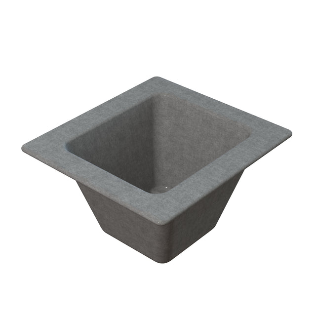 A gray, square-shaped deep utility sink with sloped sides and a wide rim, featuring a smooth, matte finish reminiscent of Duracoat coated cast aluminum. Viewed from above at an angle, it resembles the quality of an Aurora Collection Food Pan.