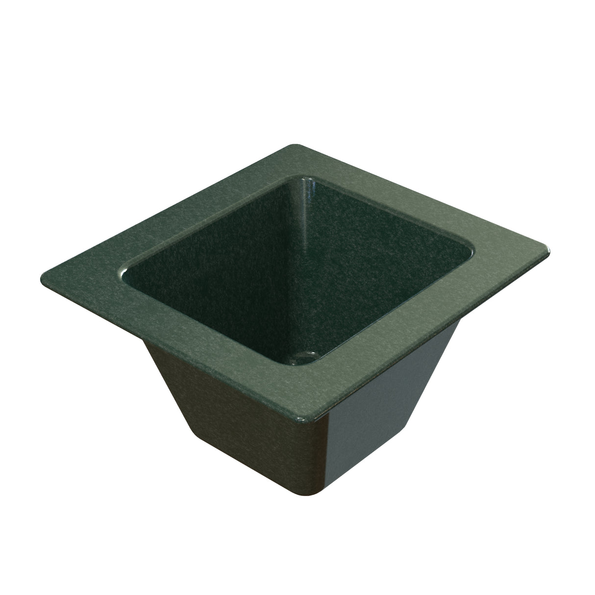 A dark green, trapezoid-shaped planter or container with a wide square rim and sloped sides, made of glossy Duracoat coated cast aluminum. The surface has a subtle marbled texture and the interior is hollow and smooth.
