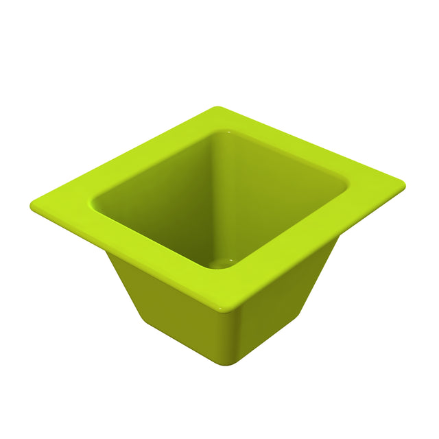 A bright green, square-shaped Aurora Collection Food Pan with a wide rim and tapered sides, viewed from above at an angle. The cold holding food pan appears empty and has smooth, shiny surfaces.