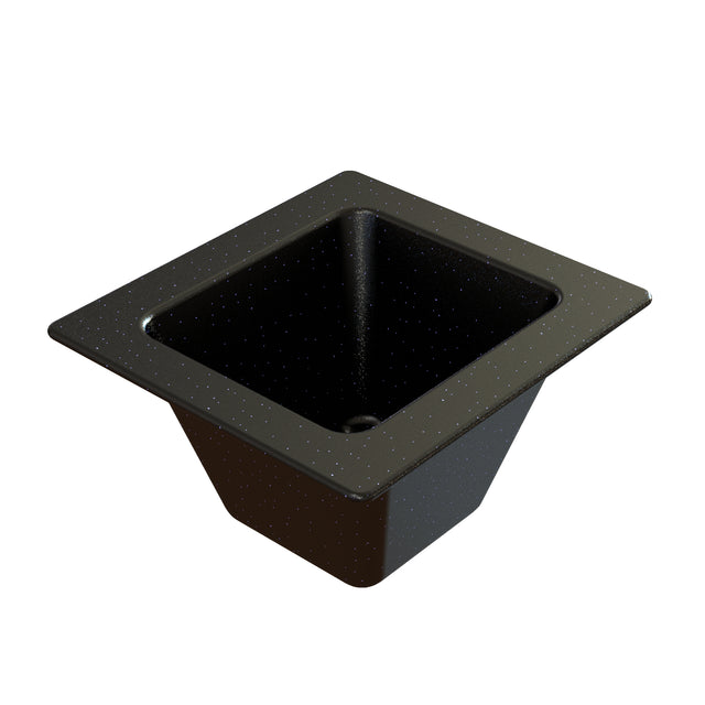 A square, black Duracoat coated cast aluminum kitchen sink with a speckled finish. It has a wide rim, sloping sides, and a central drain hole. The smooth, glossy surface features evenly distributed light white speckles.