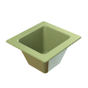 A green, square-top, tapered plastic container with a wide rim, narrowing towards the flat base. Part of the Aurora Collection Food Pan series, it features smooth surfaces and clean edges with a glossy finish reflecting light.