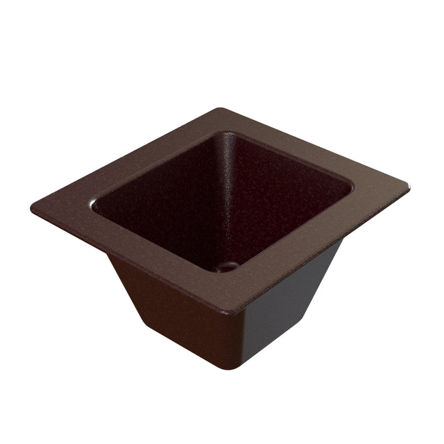 A deep, square-shaped brown Food Pan with textured surfaces, wide flat rim, and sloping sides tapering to a small central drain opening at the bottom, shown isolated on a white background. Perfect for cold holding applications.
