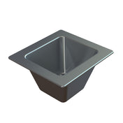 A square, stainless steel sink with slanted sides and a wide rim, viewed from above at an angle. The design pairs well with the Aurora Collection Food Pan for modern kitchens. Clean lines and a central drain hole stand out against the plain white background.