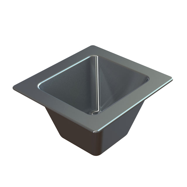 A square, stainless steel sink with slanted sides and a wide rim, viewed from above at an angle. The design pairs well with the Aurora Collection Food Pan for modern kitchens. Clean lines and a central drain hole stand out against the plain white background.
