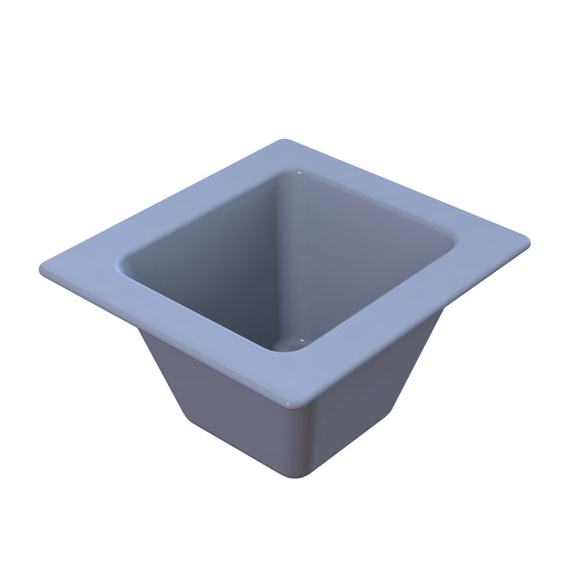 A 3D-rendered image of a gray, square Aurora Collection Food Pan with straight sides and a wide rim, seen from a slightly elevated angle. The cold holding food pan is empty and has a shiny, smooth surface.