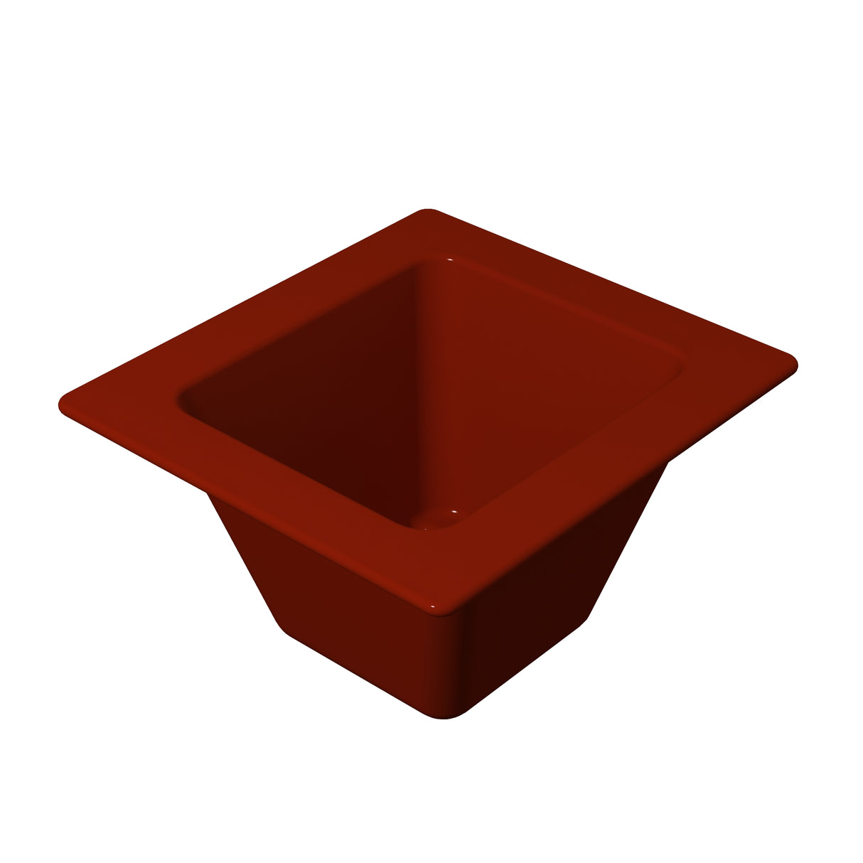 A deep, square, red Aurora Collection Food Pan with slightly tapered sides and a wide rim is viewed at an angle from above on a white background. The cold holding food pan appears empty and smooth with sharp edges and a glossy finish.