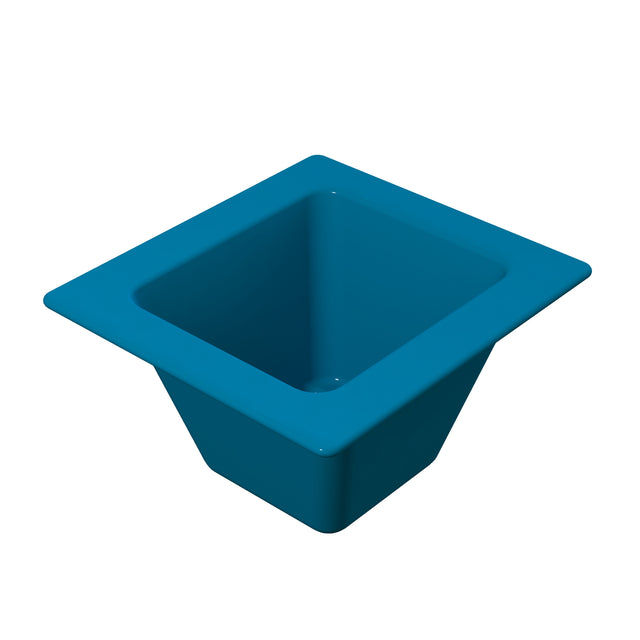 A 3D-rendered image of a blue, square Aurora Collection Food Pan with a wide, flat rim and tapered sides. This cold holding pan has a smooth, glossy finish and is empty, viewed from above and slightly to the side on a white background.