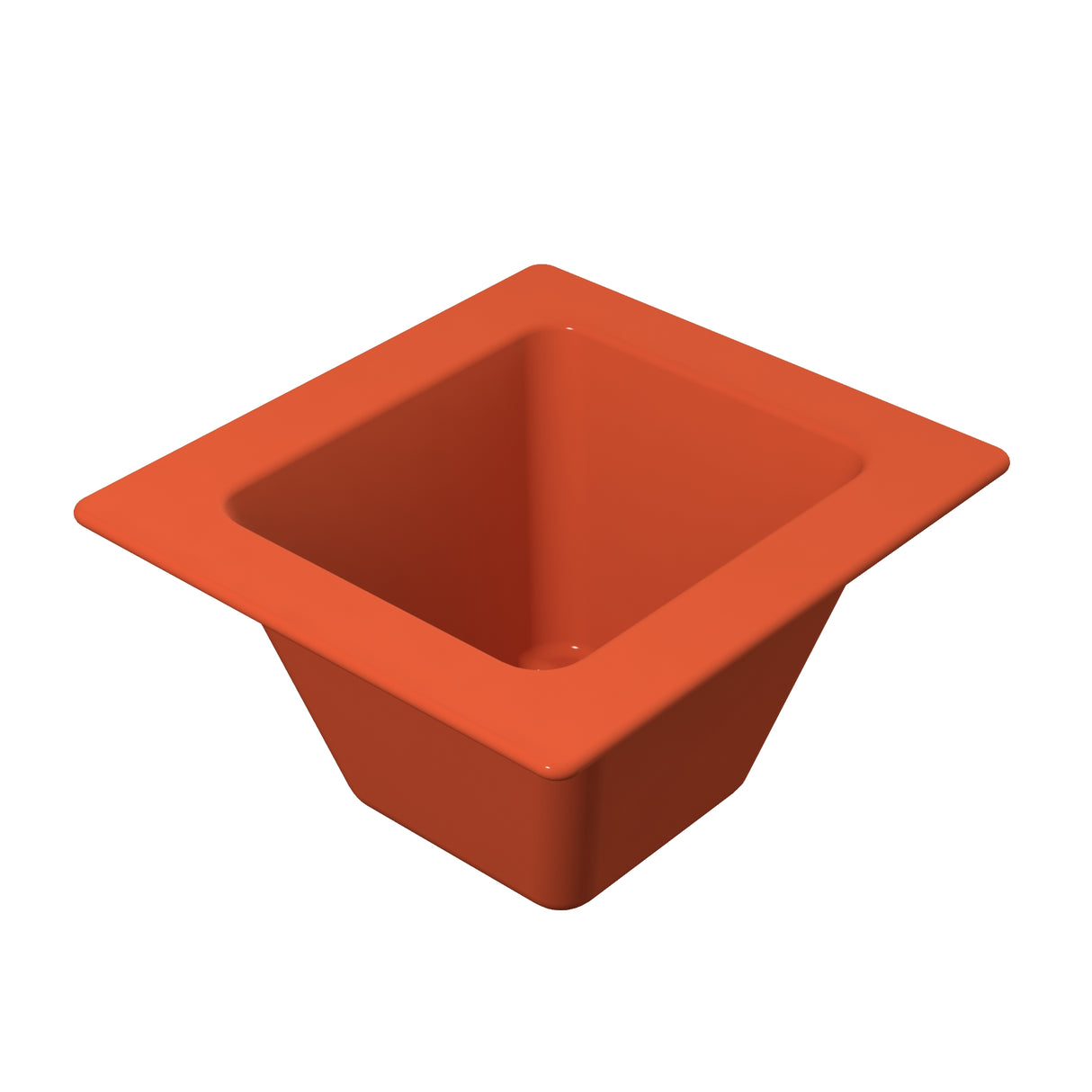 A square, orange container from the Aurora Collection Food Pan line features a wide rim and tapered sides. Its smooth plastic surface and spacious, open interior make it ideal as a cold holding food pan.