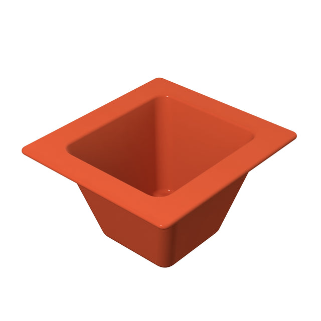 A square, orange container from the Aurora Collection Food Pan line features a wide rim and tapered sides. Its smooth plastic surface and spacious, open interior make it ideal as a cold holding food pan.
